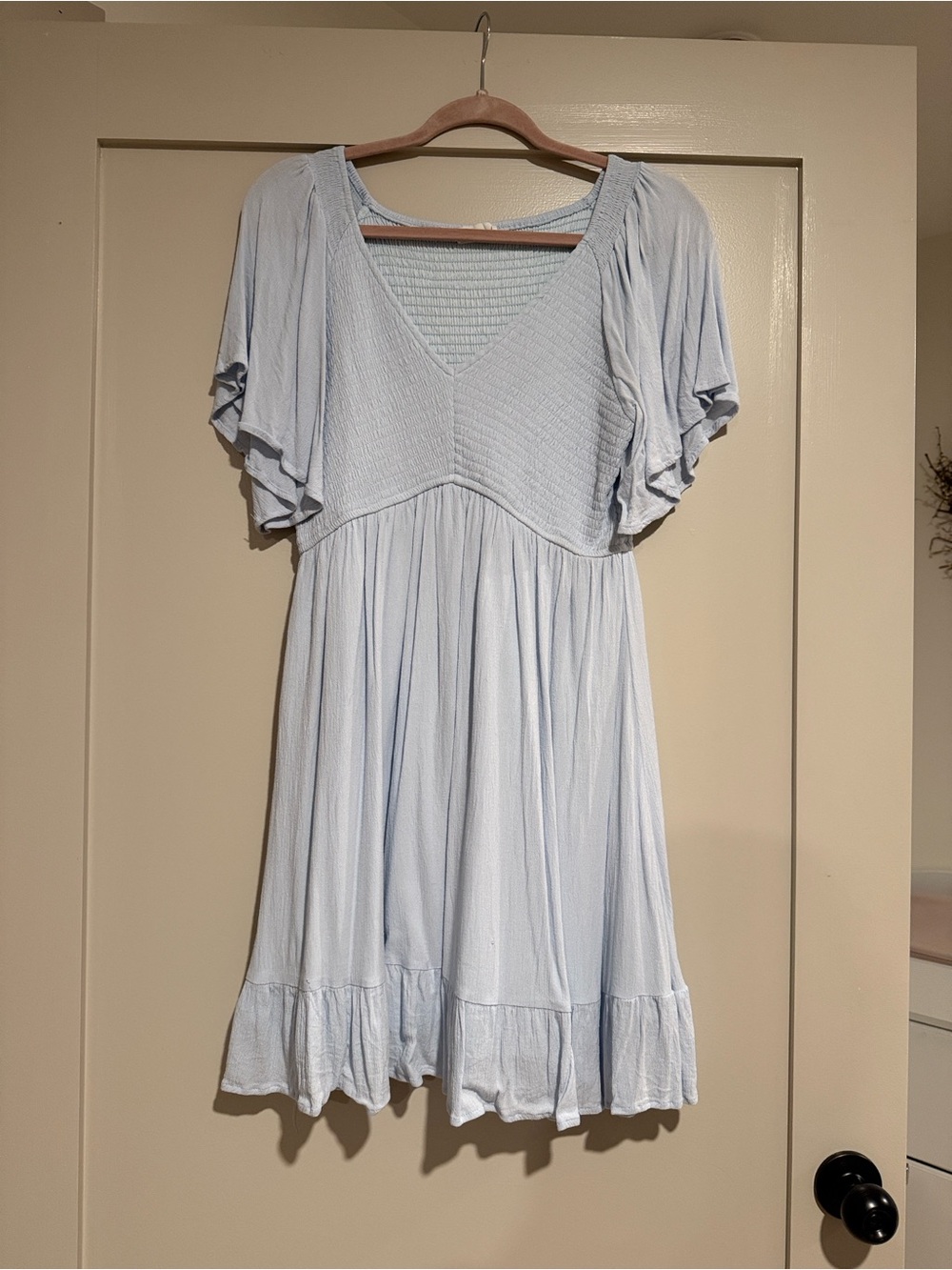 Light Blue Smocked Front Ruffle Hem Maternity Dress - Picture 2 of 6